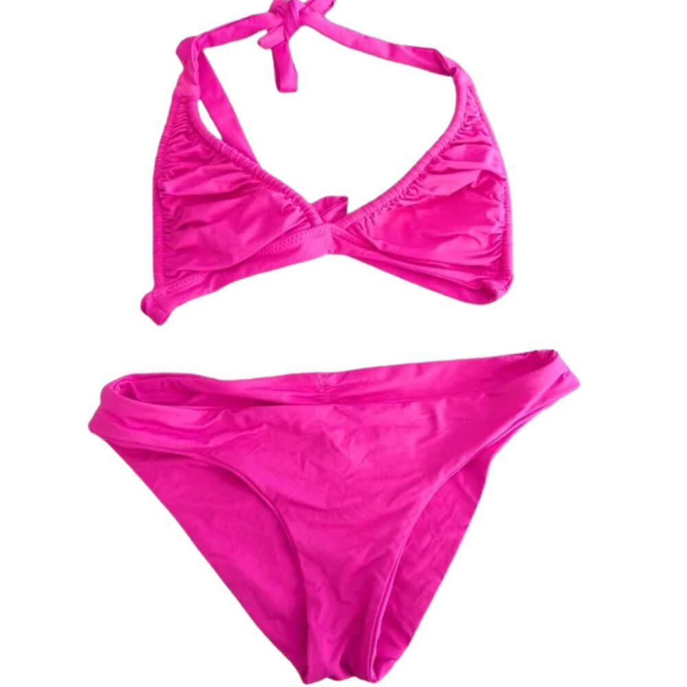 Becca Hot Pink Neon Two Piece Bathing Suit Triangle Top and Bottom Bikini Medium